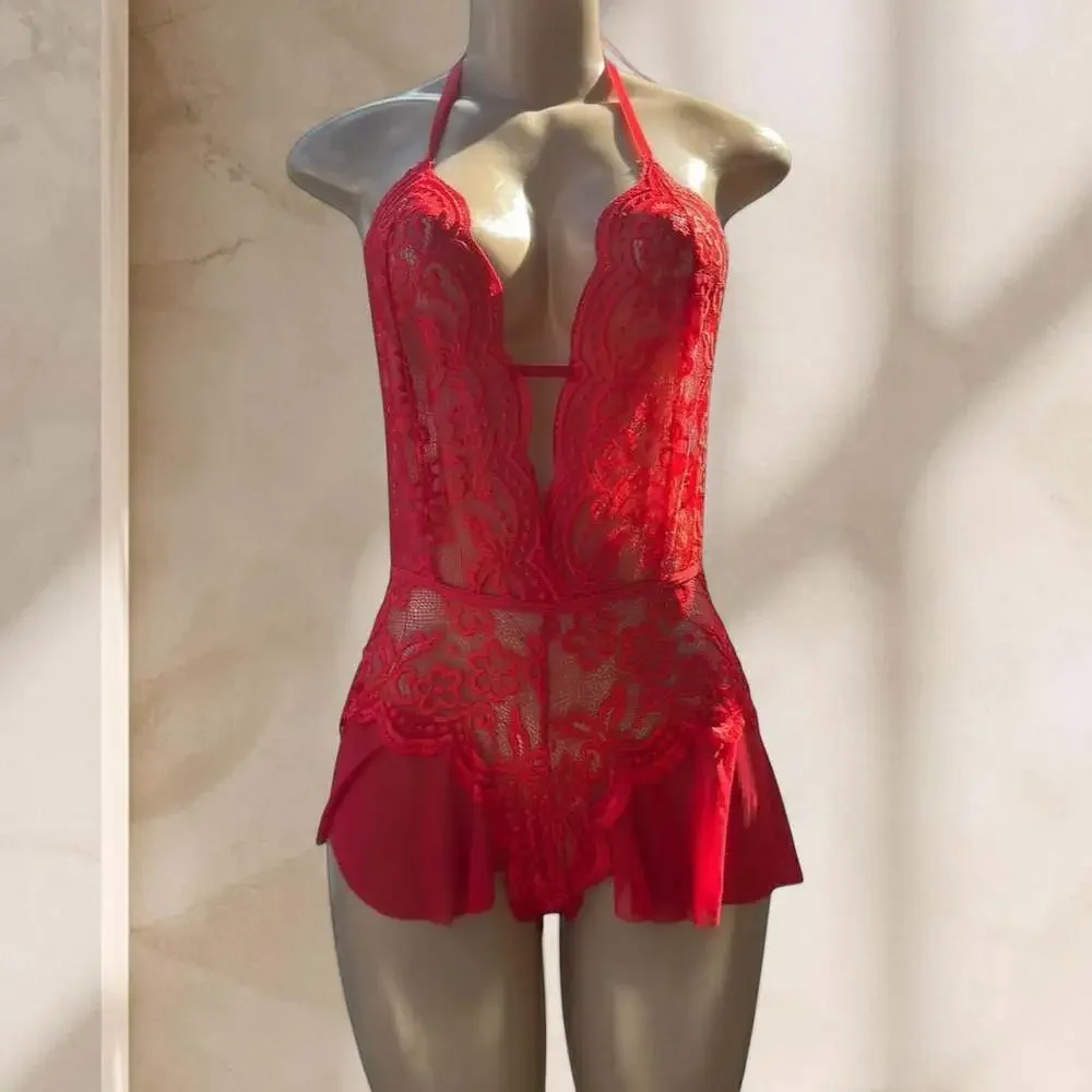 Red Lace Bodysuit Lingerie – Halter Deep V Sheer Ruffle Detail Sexy ✧ S - Picture 1 of 4